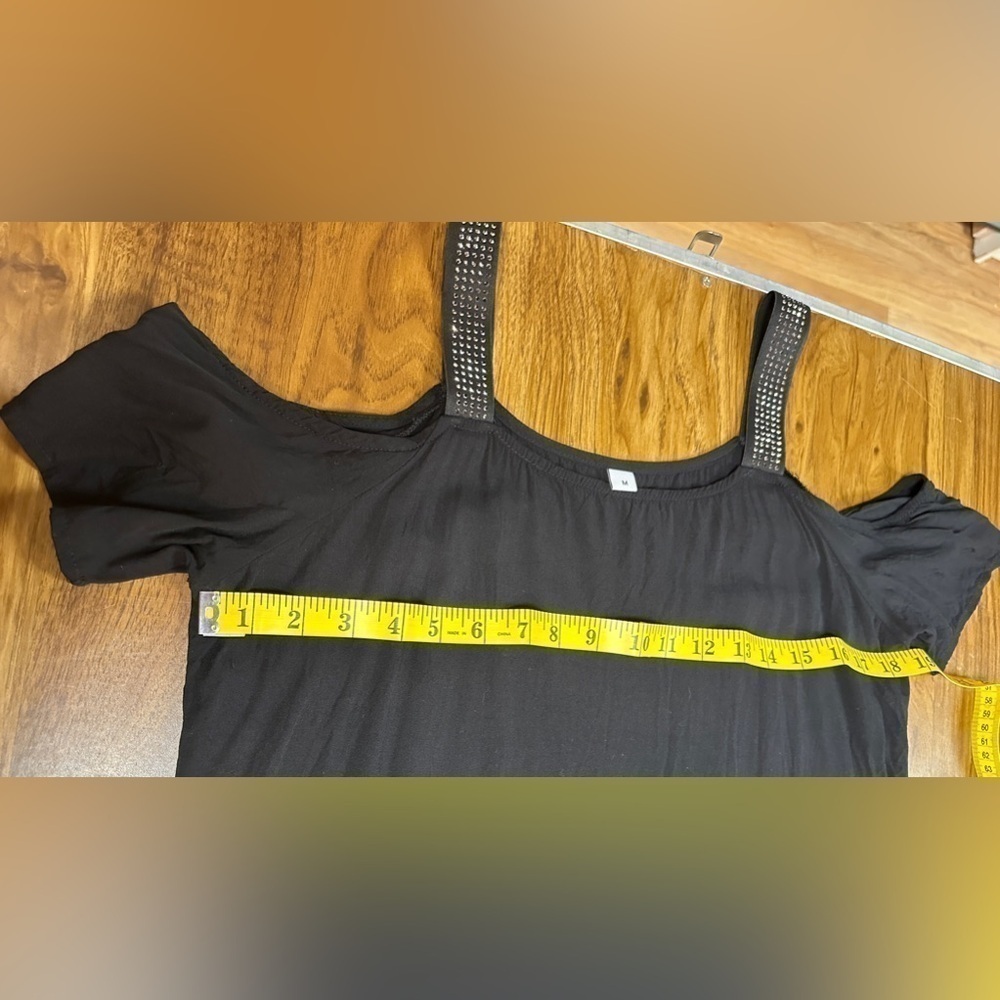 Cold Shoulder, Black Dress, Size M with Studded Stretchy Straps - Picture 6 of 9